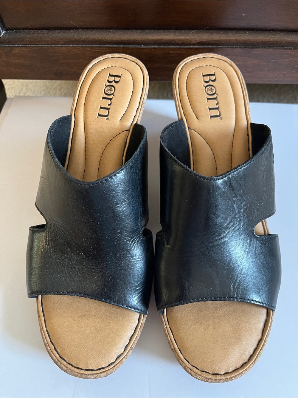 Born Black Leather Wedge Slide Sandals with Tan Footbed